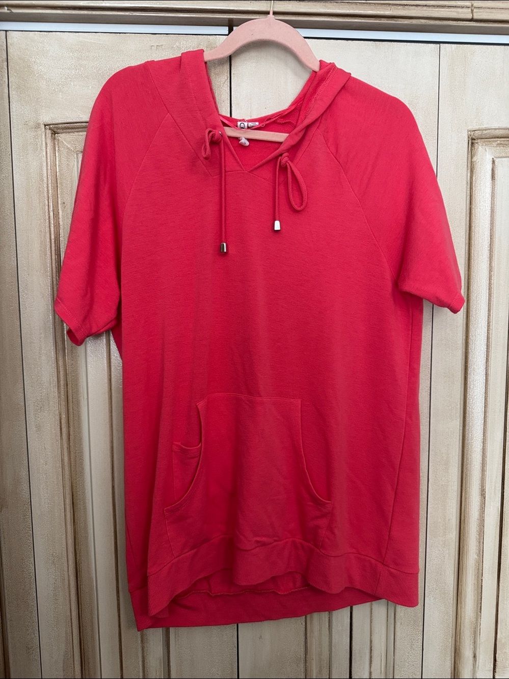 Women's Coral-red Short-Sleeve Hoodie Sweatshirt